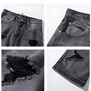 Pu&ograve; includere: Primi piani di jeans neri strappati. I jeans presentano dettagli strappati sulle ginocchia e sulle cosce, con sfilacciature visibili. Le tasche e le cuciture sono anch'esse visibili, mostrando la costruzione del capo. Il denim ha un aspetto sbiadito e usurato.
