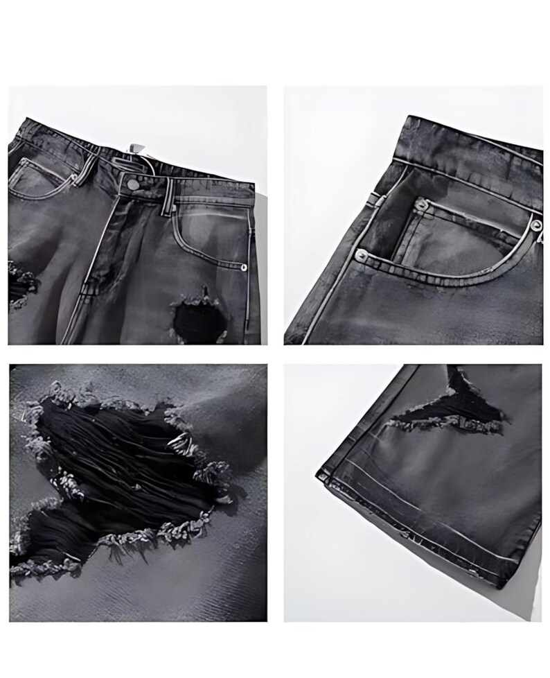 Pu&ograve; includere: Primi piani di jeans neri strappati. I jeans presentano dettagli strappati sulle ginocchia e sulle cosce, con sfilacciature visibili. Le tasche e le cuciture sono anch'esse visibili, mostrando la costruzione del capo. Il denim ha un aspetto sbiadito e usurato.