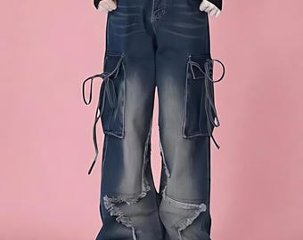 Y2K Star Patchwork Cargo Jeans, Grunge Cyberpunk Wide Leg Denim