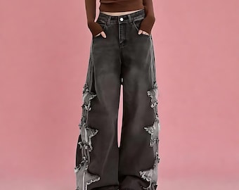 Y2K Star Patchwork Jeans | High Waisted Baggy Wide Leg Denim