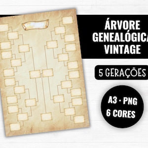 Puede incluir: Una plantilla de árbol genealógico vintage de cinco generaciones sobre papel pergamino envejecido con casillas rectangulares vacías, incluyendo el texto ÁRVORE GENEALÓGICA VINTAGE, 5 GERAÇÕES y A3 PNG 6 CORES.
