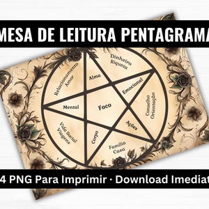 May include: A rectangular reading mat featuring a central pentagram design surrounded by dark floral illustrations. The text includes MESA DE LEITURA PENTAGRAMA, A4 PNG Para Imprimir, Download Imediato, and various Portuguese words within the pentagram sections.