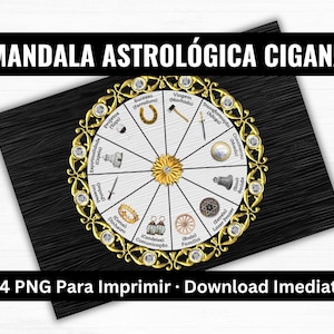 May include: A circular astrological mandala chart featuring twelve segments with various symbols including a horseshoe, axe, dagger, coin, bell, star, wheel, lanterns, crown, sword, chapel, and cup, surrounded by a decorative gold frame with clear stones.