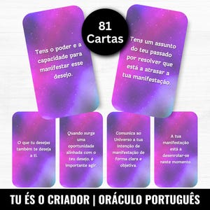 Könnte beinhalten: Ein Set aus sechs rechteckigen Orakelkarten mit einem violett-rosa Galaxie-Hintergrund. Jede Karte enthält weißen portugiesischen Text. Ein schwarzes kreisförmiges Abzeichen in der oberen Mitte zeigt den weißen Text 81 Cartas. Der untere Text lautet TU ÉS O CRIADOR | ORÁCULO PORTUGUÊS.