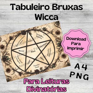 Può includere: Un tabellone di divinazione Wicca beige con un design a pentagramma, con parole come "Focus" e "Amore". Il tabellone è adornato da elementi floreali e dal testo "Download Para Imprimir". È presente anche il testo "Para Leituras Divinatórias".
