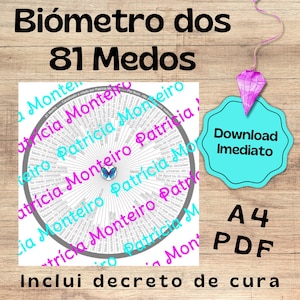Peut inclure: Téléchargement numérique avec un graphique circulaire intitulé "Biómetro dos 81 Medos" présentant diverses catégories de peurs. Le graphique est entouré de texte et d'une étiquette en forme de diamant bleu et rose indiquant "Download Imediato".