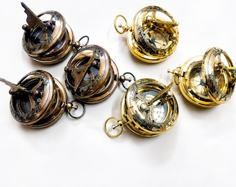 Juego de 6 brújulas de latón vintage con reloj de sol, 5 cm (2 pulgadas), decoración náutica de bolsillo para navegación.