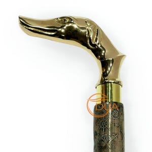 Antique Brass Dog Head Handle Walking Stick – Victorian Leather Wrapped Wood Cane, Vintage 3-Fold Handmade Nautical Style Cane