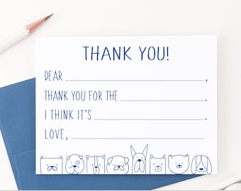 Kids Fill in Thank You Cards, Dog Fill in The Blank Note Cards, Birthday Thank You Notes, Kid Fill In Stationery Set with Envelopes, KS160a