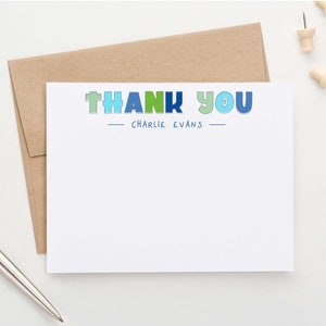 Personalisierte Jungen Dankeskarte, einfaches Briefpapier Set mit Umschlägen, Blaue und Grüne Dankeskarten für Jungen, Kinder Dankeskarten, KS177