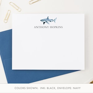 Cartões de notas personalizados com envelopes, conjunto estacionário de tubarão plano para escrita de cartas, cartões de papelaria de animais do oceano em aquarela, PS265