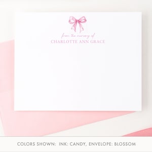 Papelería personalizada con sobres, papelería plana con lazo rosa de acuarela para cartas, tarjetas para niñas, lindas tarjetas con nombre, KS251