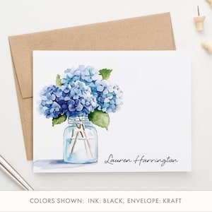 Personalisiertes Briefpapier mit Blumen, gefaltetes blaues Hortensien-Briefpapier mit Umschlägen, Aquarellblumenmitteilungskarten mit Hortensien, PS253