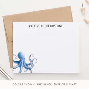 Benutzerdefinierte Aquarell Briefpapier Grußkarten, flache Oktopus Grußkarten mit Umschlägen, personalisierte Küstengeschenke für Erwachsene, Ozean, PS269