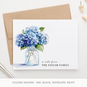 Personalisiertes Briefpapier mit Blumen, gefaltetes Aquarell Blaue Hortensien Briefpapier zum Schreiben, Familien-Briefpapier mit Umschlägen, FS052