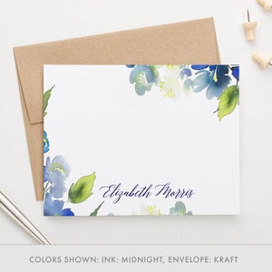 Blaues personalisiertes Briefpapier-Set für Frauen, Blumen-Dankeskarten, maßgeschneidertes elegantes Briefpapier-Set für Frauen, Aquarell Blume PS105