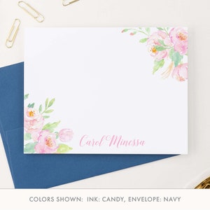 Personalized Pink Watercolor Floral Corners Stationery for Women Water Color Florals Thank You Cards, Elegant Floral Corners Notecards PS129