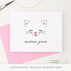 Ensemble de papeterie chat personnalisé, Papeterie chat pour fille, Cartes de correspondance PLIÉES chat mignon pour enfants Cartes de correspondance Kitty fixes pour enfants, KS113