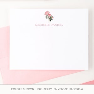 Papeterie florale personnalisée avec enveloppes, cartes de vœux plates pivoine à offrir, ensemble de cartes pour notes fleurs aquarelle, carte pivoines, PS254