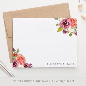 Cancelleria floreale autunnale per donna, biglietti per appunti con angoli floreali bordeaux Fiori fissi moderni personalizzati, rosa, piatti o piegati, PS165