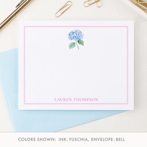 Custom Watercolor Stationery With Hydrangeas, Flat Floral Notecards With Envelopes, Blue Hydrangea Stationary For Letter Writing, PS251