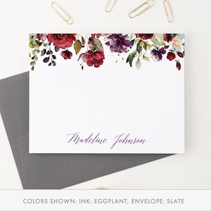 Personalisiertes Briefpapier mit Blumen, Herbstblumen-Dankeskarte, burgunderfarbenes Blumenbriefpapier-Set, maßgeschneiderte elegante Grußkarten für Frauen PS099