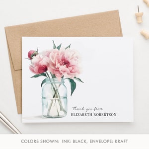 Gepersonaliseerde bedankkaarten met bloemen, gevouwen bedankkaarten en enveloppen aquarel pioenroos, waarderingskaarten met envelop, PTY014