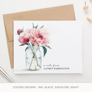 Personalisierte florale stationäre Karten und Umschläge, gefaltetes Aquarell Pfingstrose Briefpapier mit Blumen, botanische Notecards Set, Pfingstrosen, PS257