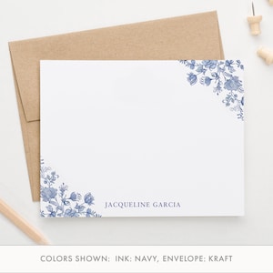 Gepersonaliseerde briefpapier met bloemen om te schrijven, platte blauwe en witte chinoiserie-notitiekaarten voor vrouwen, botanisch briefpapier met bloemen, PS249
