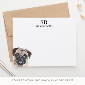 Tarjetas de notas de monograma personalizadas con sobres, elija su raza de perro, tarjetas de notas estacionarias Flat Pug con iniciales, juego de tarjetas para perros MS092e