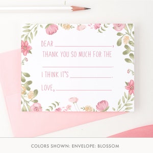 Notas de agradecimiento para niños florales rosas, tarjetas de agradecimiento para niñas, conjunto estacionario floral, papelería personalizada con flores, chica elegante KS153