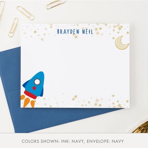 Conjunto estacionario de nave espacial personalizado para niños, tarjetas de agradecimiento de cohetes para niños, tarjetas de notas de transbordador espacial personalizadas para tarjetas de notas espaciales para niños, KS152