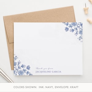 Gepersonaliseerde bedankkaarten met bloemen, plat chinoiserie-briefpapier met enveloppen, blauwe bloemen notitiekaart, briefpapier bedankje, PTY011