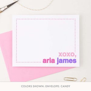 Cartes de remerciement XOXO personnalisées avec bordure à pois pour fille, ensemble de papeterie personnalisée avec enveloppes, cartes de correspondance mignonnes pour enfants, KS179