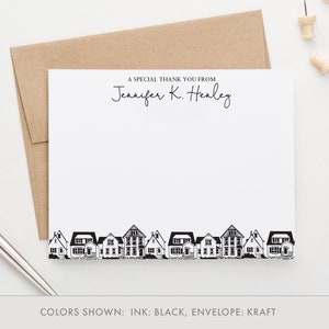 Personalized Professional Stationery for Women Custom Real Estate Stationery, Houses Bottom Border Note Cards for Real Estate Agent, PS180