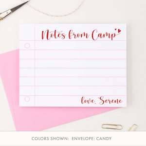 Linda nota del campamento para niñas Conjunto de papelería de campamento de verano, Cartas de campamento personalizadas Papel de escritura Tarjetas de notas de campamento forradas para niños Moderno KS189