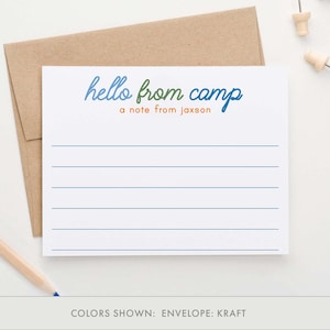 Una nota de papelería personalizada del campamento de verano para niños para niños Notas de campamento personalizadas, lindo papelería de campamento forrado, Hola desde la tarjeta de notas del campamento KS186