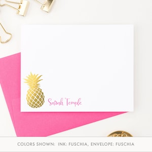 Pineapple Stationery in Printed Faux Gold foil, Personalized stationery set with gold pineapple, Pineapple Thank you cards, PS017