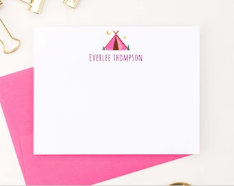 Cute Girls Summer Camp Stationery with Tent, Pink Camp Note Cards for Kids Letter Writing Paper, Simple Camp Stationary for Girl, Boho KS184