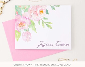 Personalized Folded Watercolor Floral Corner Stationery Set for Women Elegant Water Color Note Cards, Pink Floral Stationary Cards, PS137