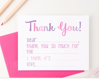 Simple Kids Thank You Cards Fill In, Personalized Fill In Thank You Notes for Girls Stationery Set, Customized Girls Guided Stationary KS120