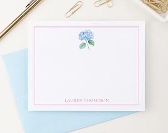 Custom Watercolor Stationery With Hydrangeas, Flat Floral Notecards With Envelopes, Blue Hydrangea Stationary For Letter Writing, PS251