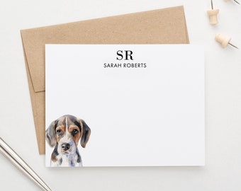 Tarjetas de monograma personalizadas con perros, elija su raza de perro, juego de tarjetas de papelería de animales planos, papelería Beagle con iniciales MS092a