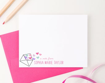 Girls Personalized Stationary, Customized Envelope Thank You Cards with Hearts, Heart Note Cards for Girl, Kids Stationary With Lines, KS123