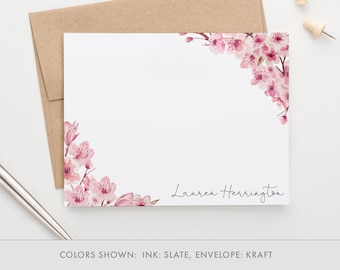 Kirschblüten-Briefpapier für Frauen, elegante Note Cards, personalisiertes Blumenbriefpapier mit Kirschblüten Notecards für Erwachsene, niedlich PS176