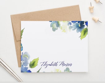 Blue Floral Personalized Stationary Set, Womens Floral Thank You Cards, Customized Elegant Stationery Set for Women, Watercolor Flower PS105