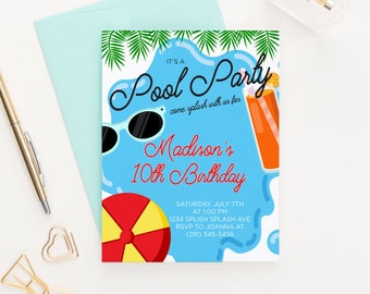 Pool Party Birthday Invitation for Kids Pool Party Invite Printed, Pool Birthday Invitation Girl Summer Birthday Invite Water Party, BI060