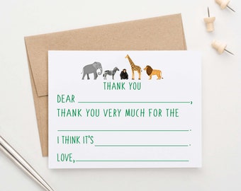 Zoo Animals Fill In The Blank Thank You Notes for Kids Fill In Stationery Set, Boys Fill In Thank You Notes, Elephant, Lion, Giraffe, KS180