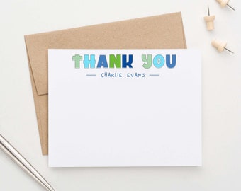 Personalized Boys Thank You Note Cards, Simple Stationery Set with Envelopes, Blue and Green Thank You Cards for Boy, Kids Thank Yous, KS177