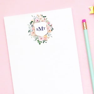 Bloc de notas con monograma floral personalizado, papel de escritura personalizado con monograma de 3 letras para mujer, elegantes notas de agradecimiento, papelería con monograma, NP083